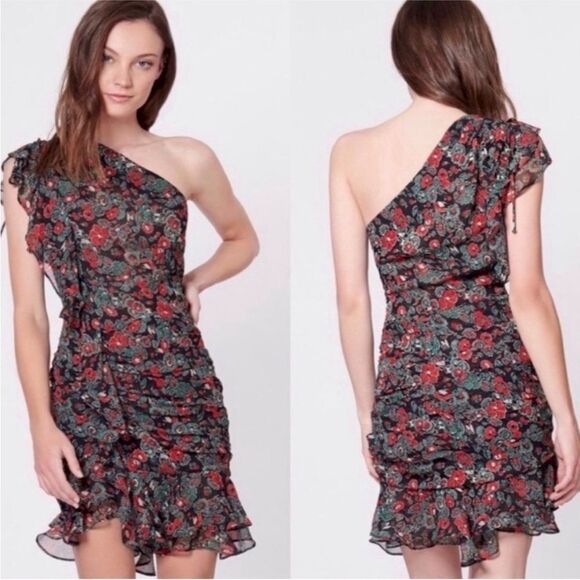 Veronica Beard One Shoulder Floral Dress - Black and Red - Picture 2 of 8